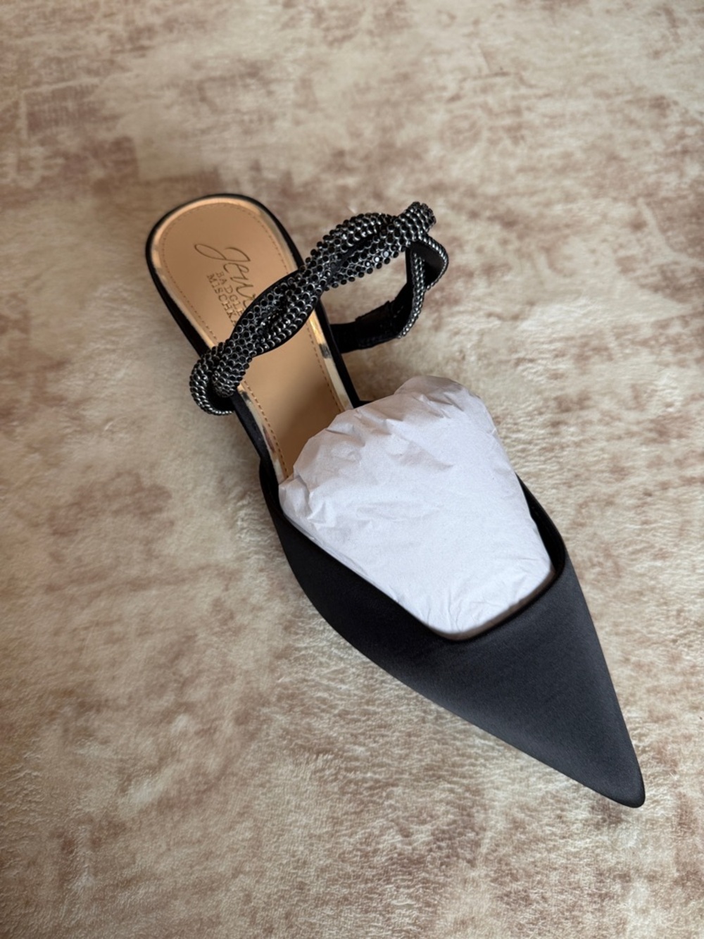 Jewel Badgley Mischka Black Pointed Satin Mule with Braided Crystal Strap